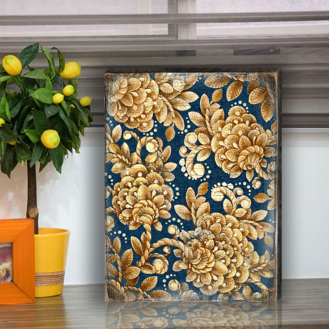 Gold Floral Art on Navy Blue Rustic Wooden Wall Art by G. DeBrekht - Floral Ornamental Decor - 95014B