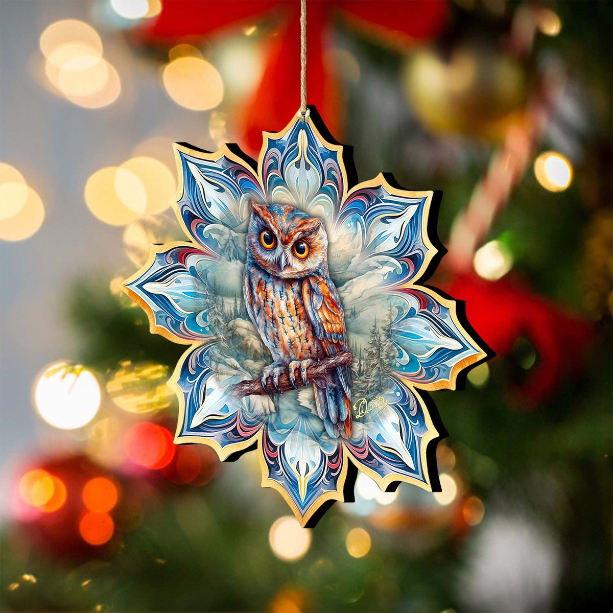 Great Horned Owl Snowflake Wooden Ornaments by G. Debrekht - Nature Wildlife Decor - 8688436