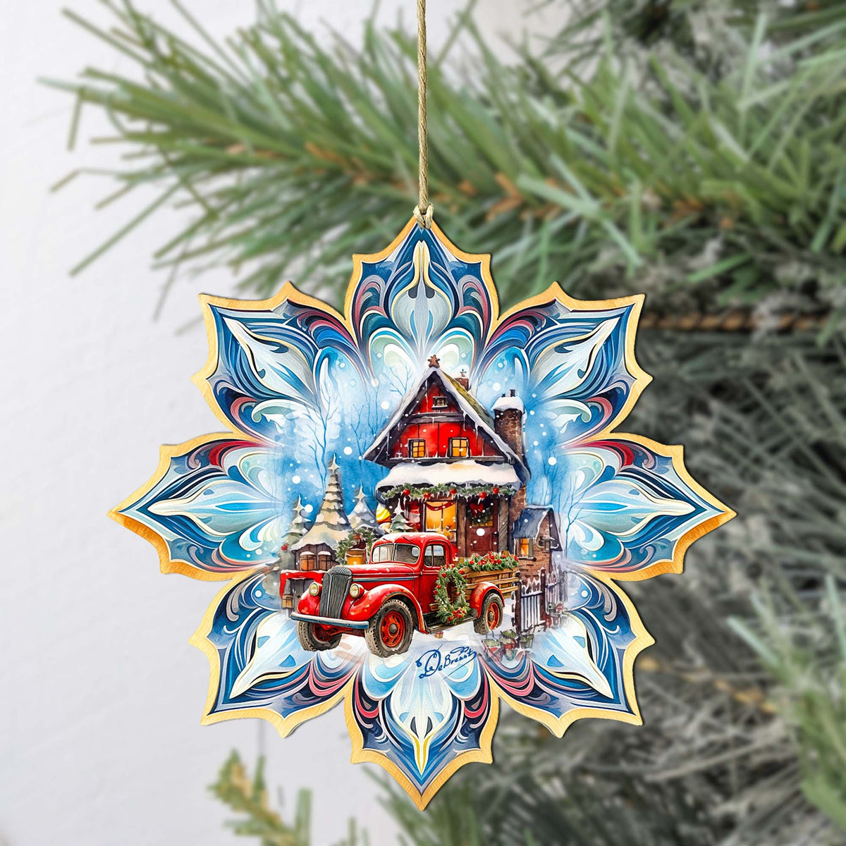 Christmas Cottage Snowflake Large Wooden Ornament by G. Debrekht - Christmas Décor - 8688406M