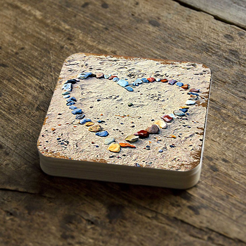 Heart Beach Art Coastal Wooden Cork Coasters Gift Set of 4 by Nature Wonders - Coastal Sea-Life Decor - 95254C-S4