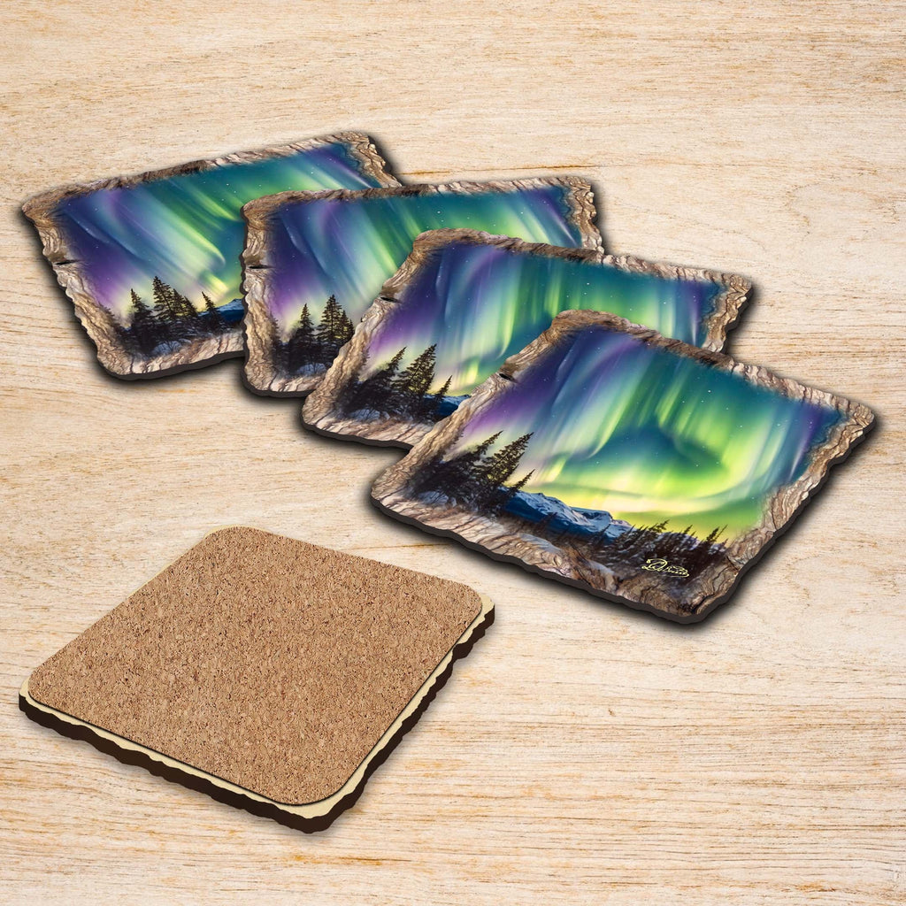 Northern Lights Wooden Cork Coasters Gift Set of 4 by Nature Wonders Nature Wildlife Decor  - 95391C-S4