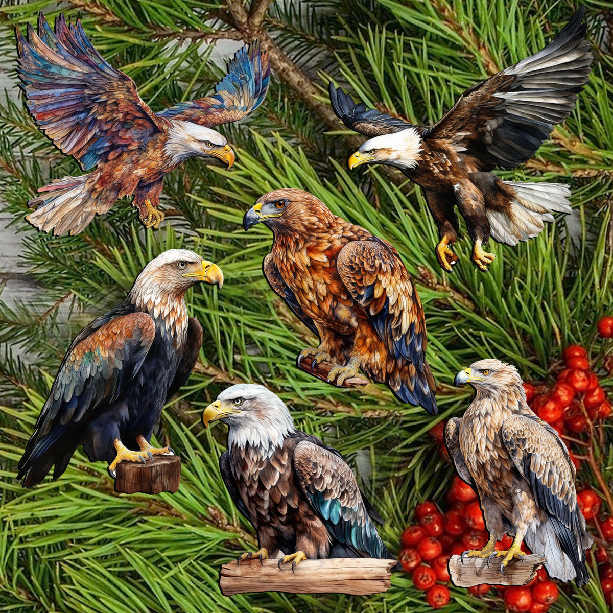 Eagle's Flight Clip-On Eco Wood Decorative Ornaments Set of 6 by G. Debrekht - Wildlife Decor - 8090101C-S6