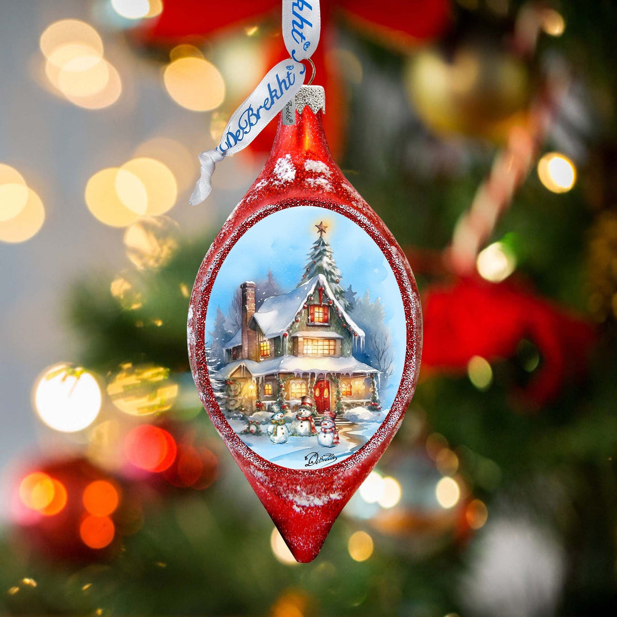 Christmas Cottage in Red Drop Glass Ornament by G. Debrekht Christmas Decor - 757-043